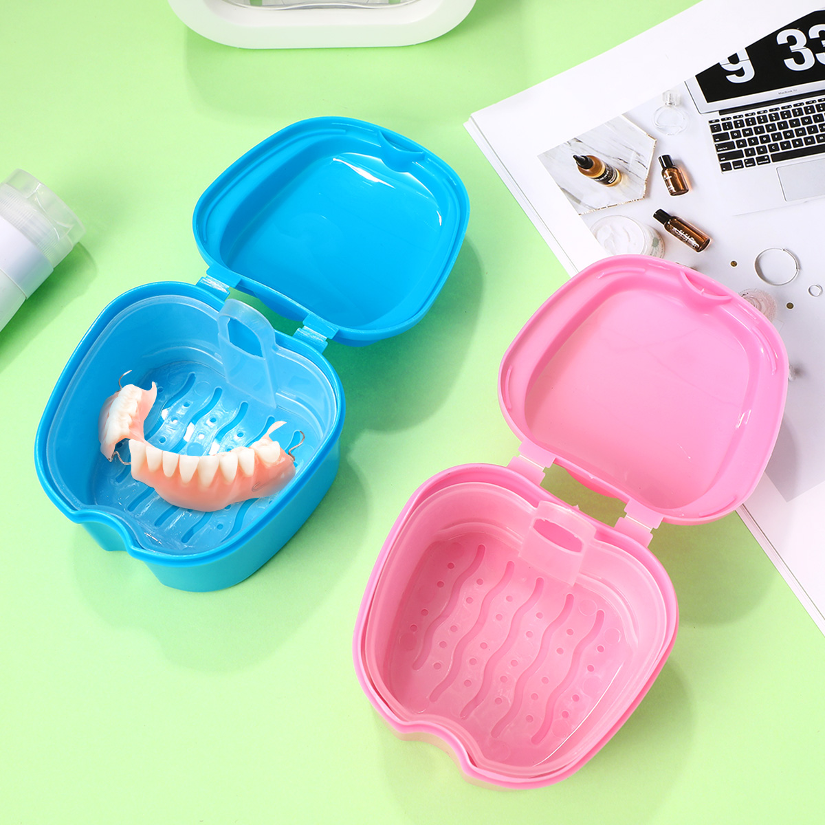 2 Pack Denture Case Denture Cup Holder Storage Soak Container with Strainer Basket for Travel Cleaning